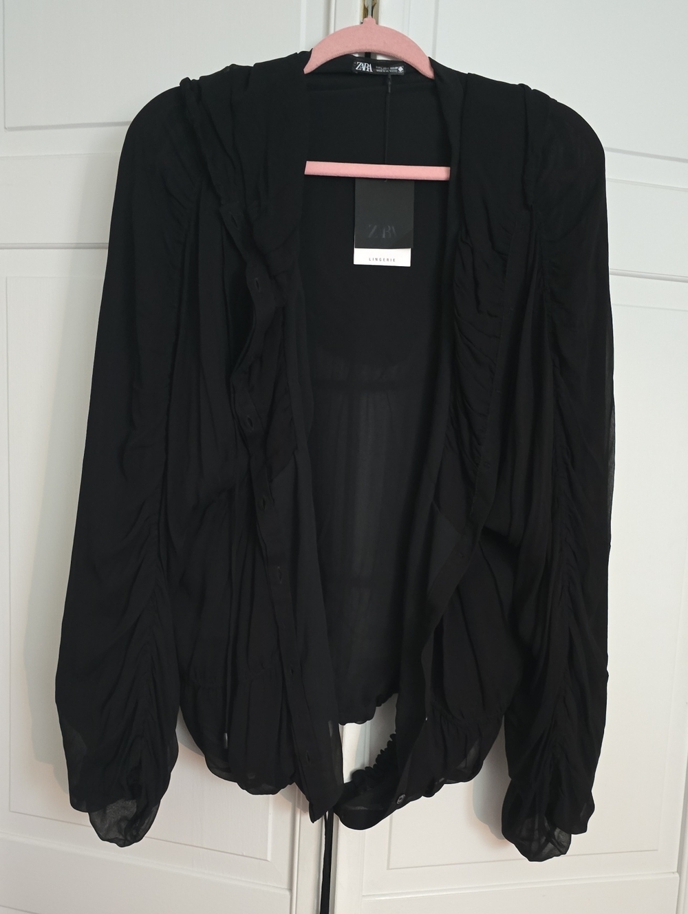 Zara Black Ruched Lightweight Open-Front Jacket Lingere collection NWT Large